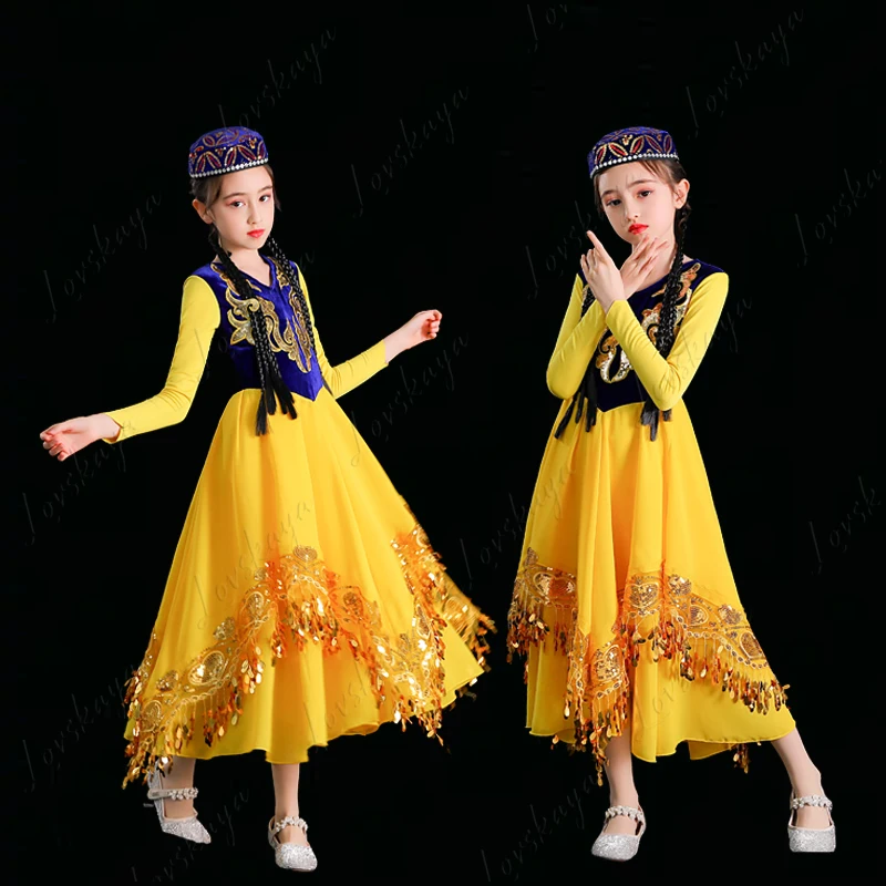 Trajes de baile de Xinjiang para niños, ropa de escenario uigur, disfraces étnicos infantiles para actuaciones de danza kazaj
