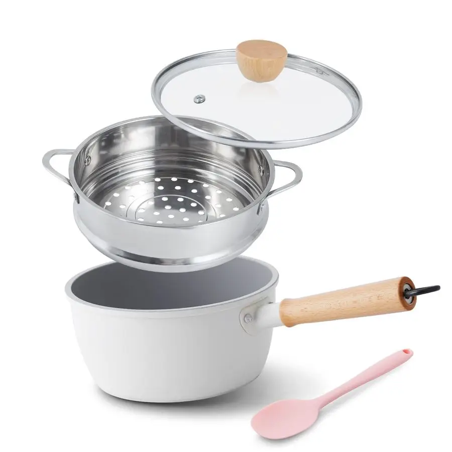 

Керамическая кастрюля для соуса с антипригарным покрытием и крышкой, кастрюля на 2 литра, маленькая кастрюля с пароваркой, усилитель из ПТФЭ без PFAS, деревянная ручка для прохлаждения