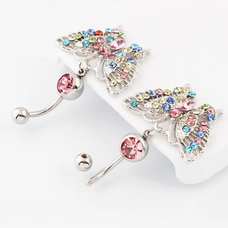 Multi-colored butterfly navel ring lady fashion body piercing jewelry Retail belly bar 14G 316L surgical steel bar Nickel-free