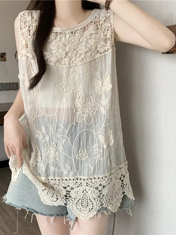 

Женский летний жилет без рукавов с художественной вышивкой и вырезами, большие размеры, свободный крой, с подплечниками, из смесового хлопка