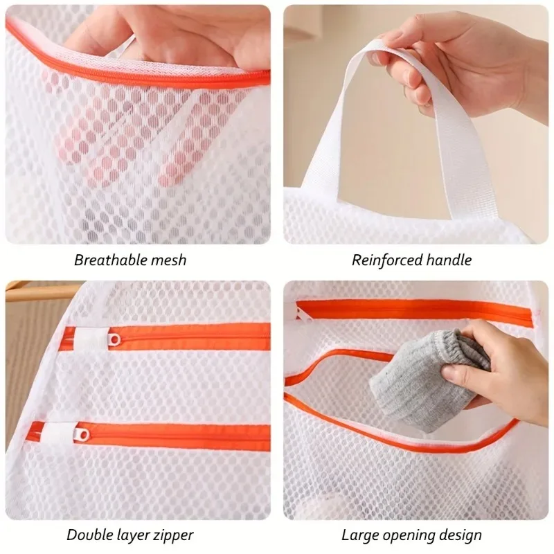 Double-Layer Mesh Multifunctional Hanging Organizer Bag Large Capacity Laundry Bag with Zippered Compartment And Side Pockets. - view 4