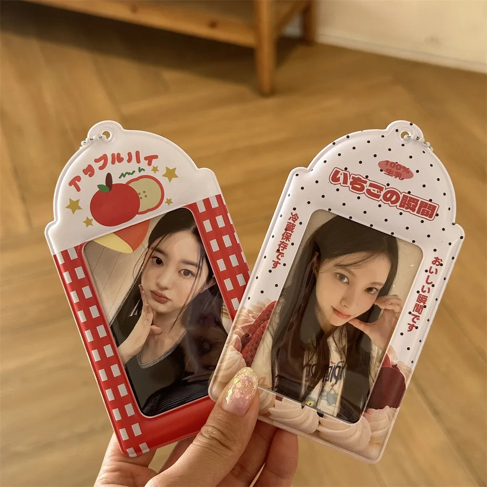Ins Cream Strawberry 3 Inch Card Holder, Idol Photocard Display Pouch, Kawaii Campus Card Storage Pendant for Girls Students