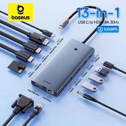 Baseus usb tipo c para hdmi-adaptador hub compatível 13-em-1 dp 4k 60hz 120hz rj45 vga conversor pd 100w usb 3.0 2.0 para macbook pc