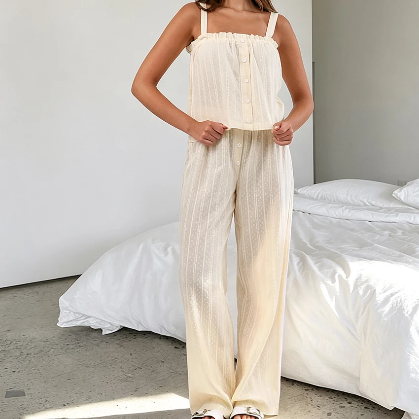 HiLoc Apricot Casual Woven Inelastic Women'S Pajamas Two-Piece Sleeveless Ruffle Camisole Top Button Front Elastic Waist Pants