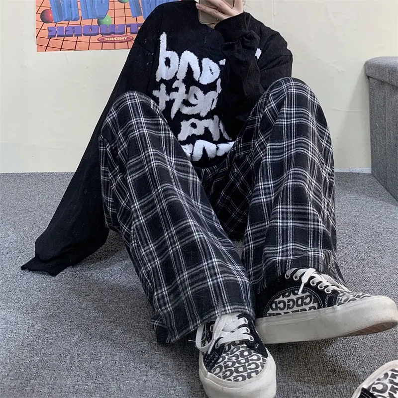 Harajuku Plaid Pants Women Oversize Wide Leg Trousers Female Korean Style High Waist Checkered Pajama 2022 Spring Summer