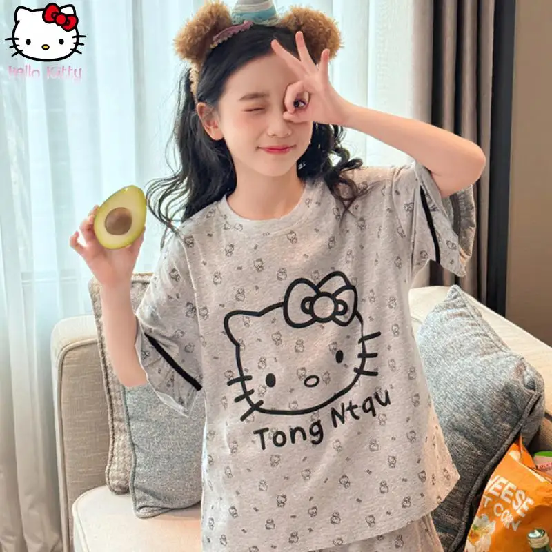 

Футболка с рисунком «Hello Kitty» для девочек, комплект домашней одежды, каваи, летние хлопковые шорты Sanrio, пижамы с короткими рукавами, новые дышащие