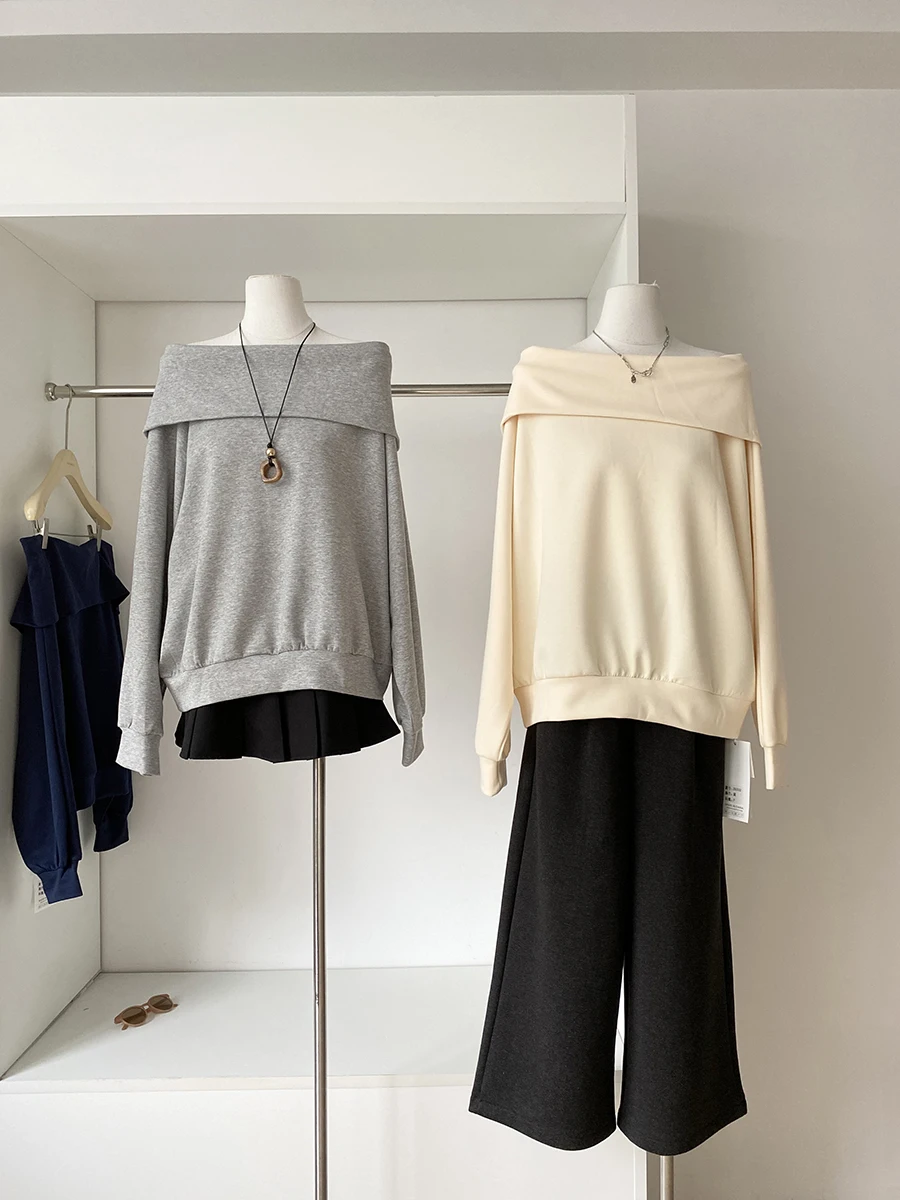 

Свободный свитшот на одно плечо с длинными рукавами, женский, модный, в корейском стиле, осенняя новинка