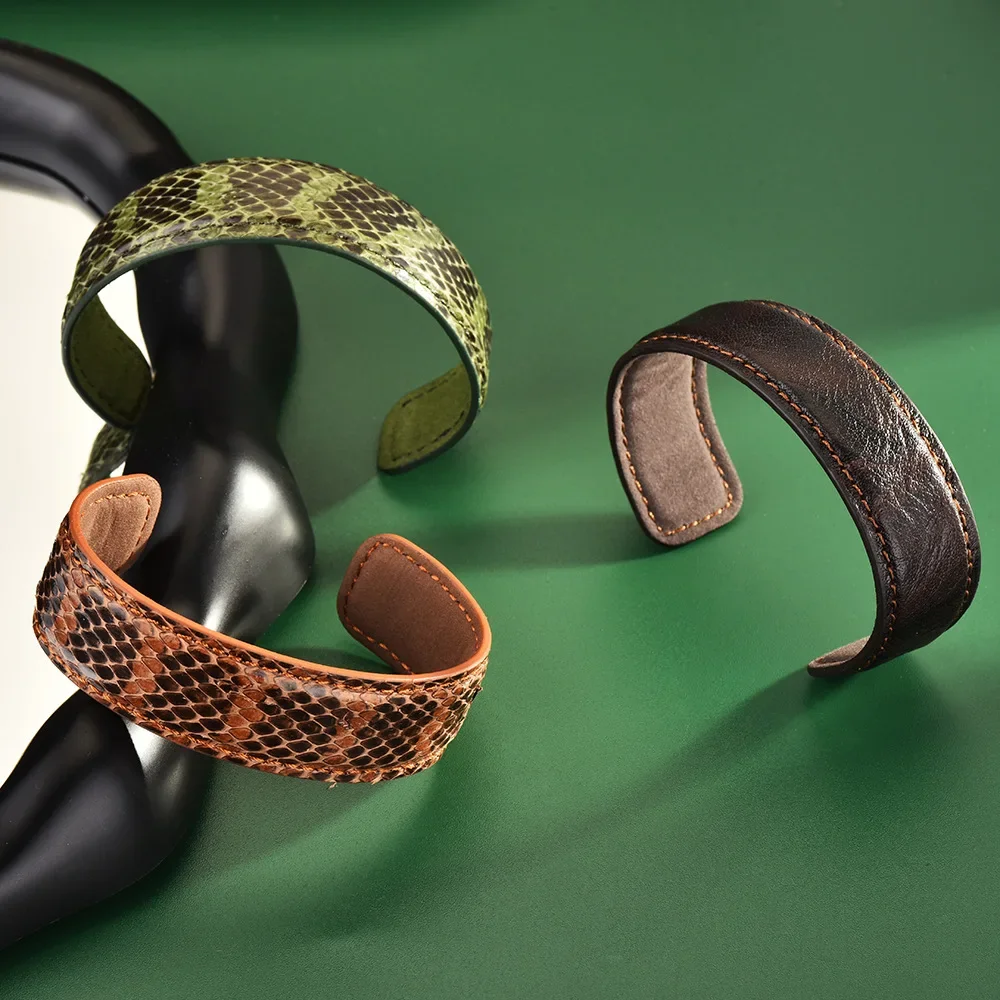 Vintage Cowhide Open Wide Edge Personality Exquisite Bracelet Texture New Fashionable Snake Patterned Leather Fashion Jewelry