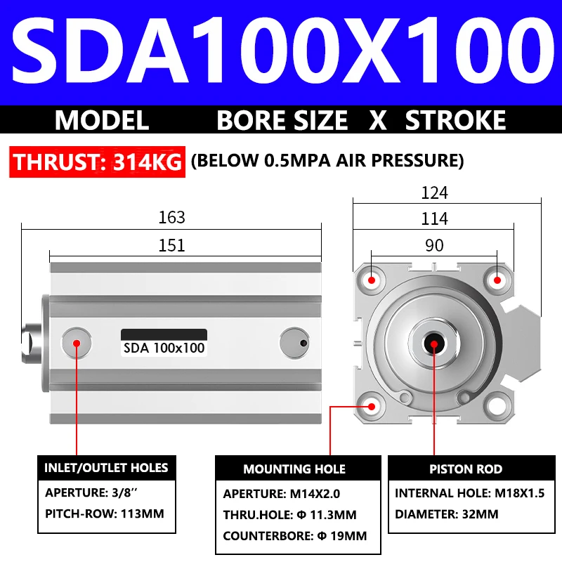 ABILKEEN SDA100X100 SDA Series Thin Air Cylinder 100MM Thread Bore X 100MM Stroke Double Acting Pneumatic Compact Cylinder