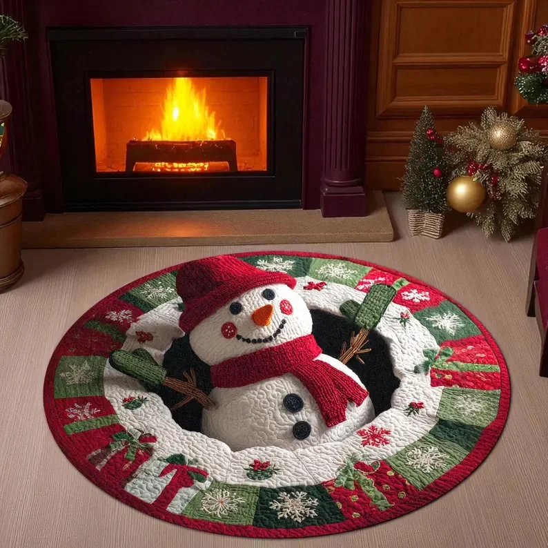 3D Merry Christmas Rug Round Christmas Rug Golden Holiday Pattern Carpet Black Festive Floor Carpet Trees Candy Cane Design Rug