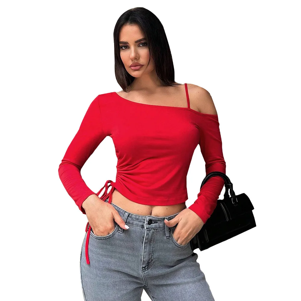 Spicy Sweet Sle ort T-irt Women's Cross-Ne Design Bore Hole Winter Thi Knitted Red Top Fem Faion 2024