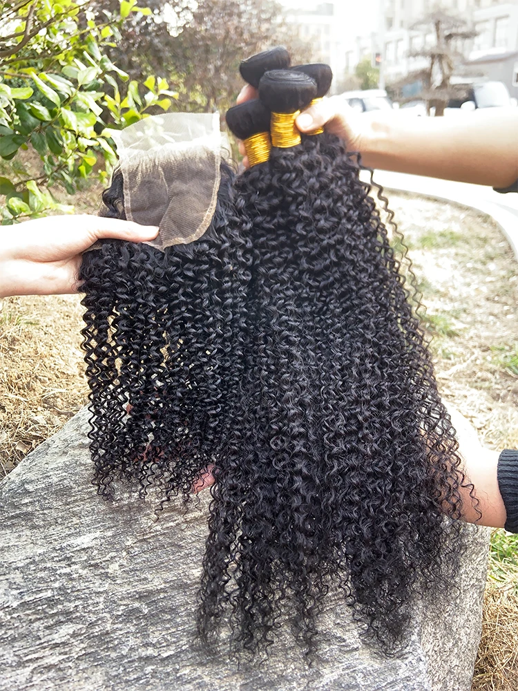 Human Hair Bundles with Closure Kinky Curly 14 16 18+12 Inch 4x4 Lace Closure Real Unprocessed Brazilian Virgin Hair Extensions 3 Bundles with Free Part Closure Human Hair Natural Black
