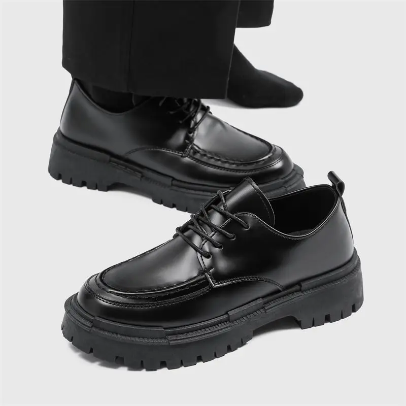 

2025 New Men's Leather Loafers Black Round Toe Height Increasing Insole Student Style Laced Casual Shoes Youth Korean Version