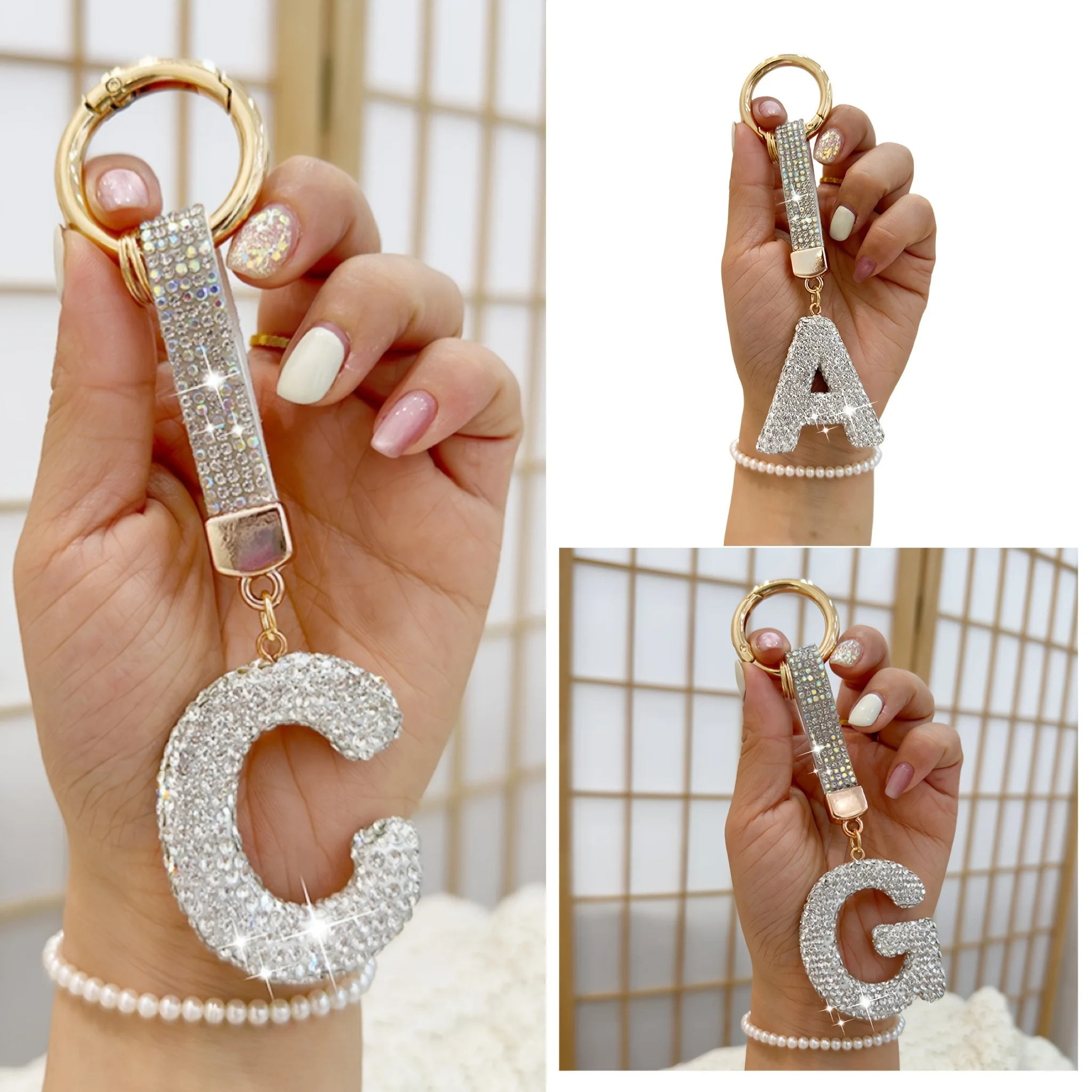 1pc Sparkling Rhinestone Alphabet Keychain, Alloy Round Letter Charm with Ring Buckle, Decorative Crystal Pendant Accessory