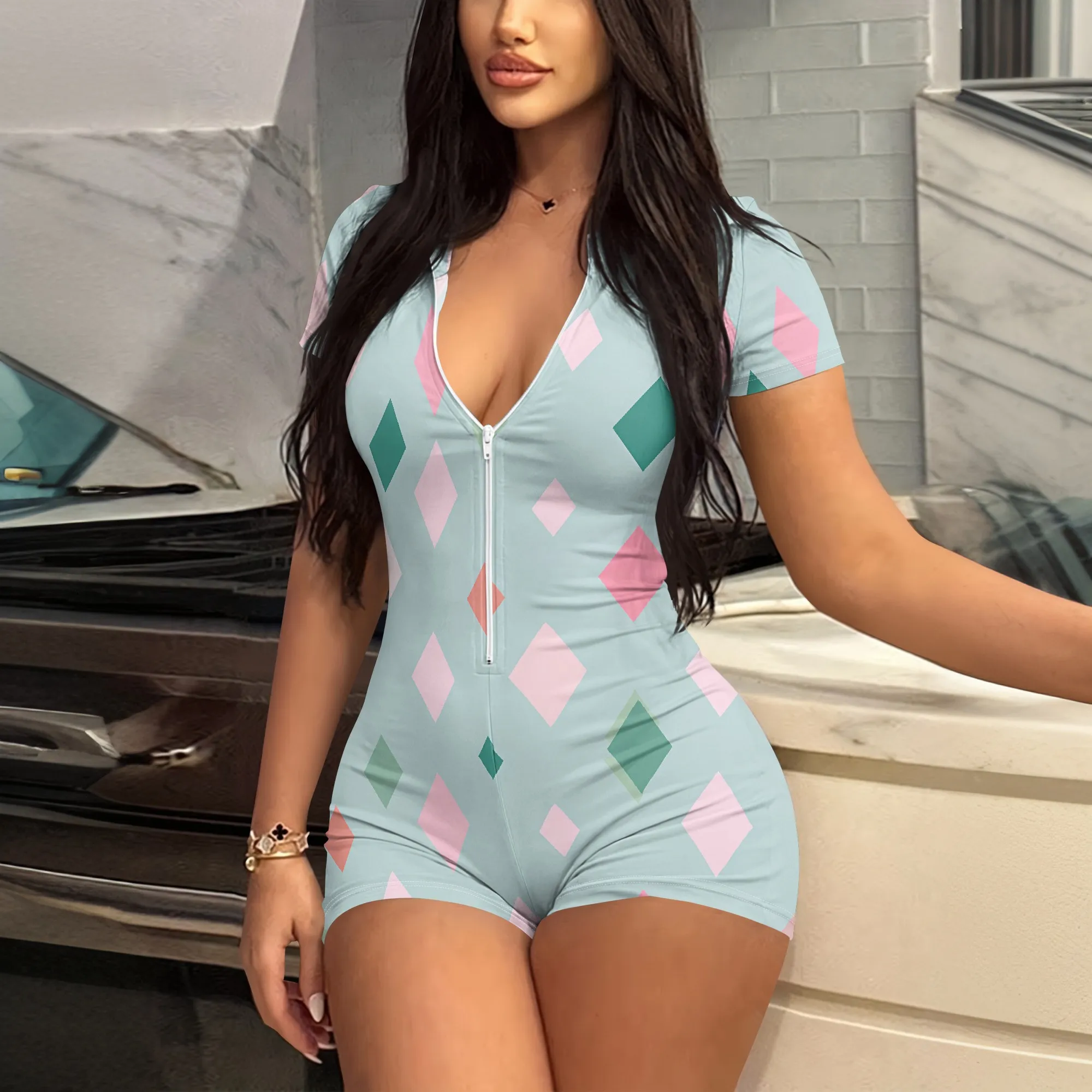 Geometric Print Jumpsuit, Pink & Green Diamond Pattern Romper, Zip Front Short Sleeve Playsuit, Summer Casual Beachwear, S-2XL
