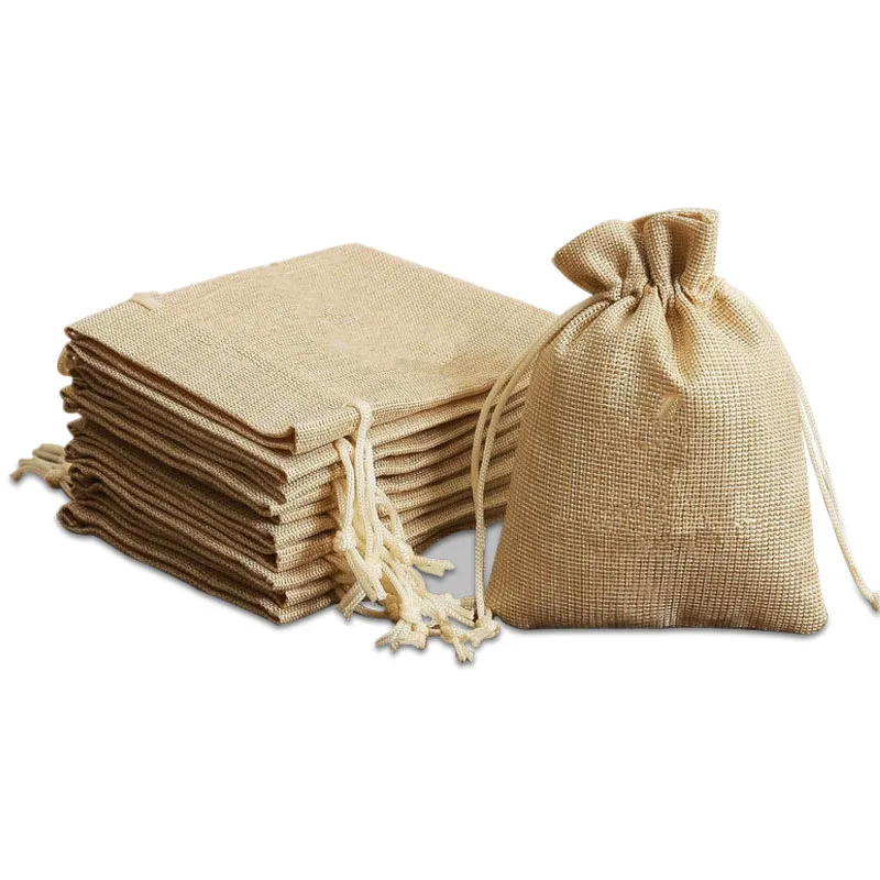 50pcs/lot Golden 9x12cm Linen Drawstring Bags Bracelet Dustproof Jewelry Storage Sacks Wholesale Accessory Pouches