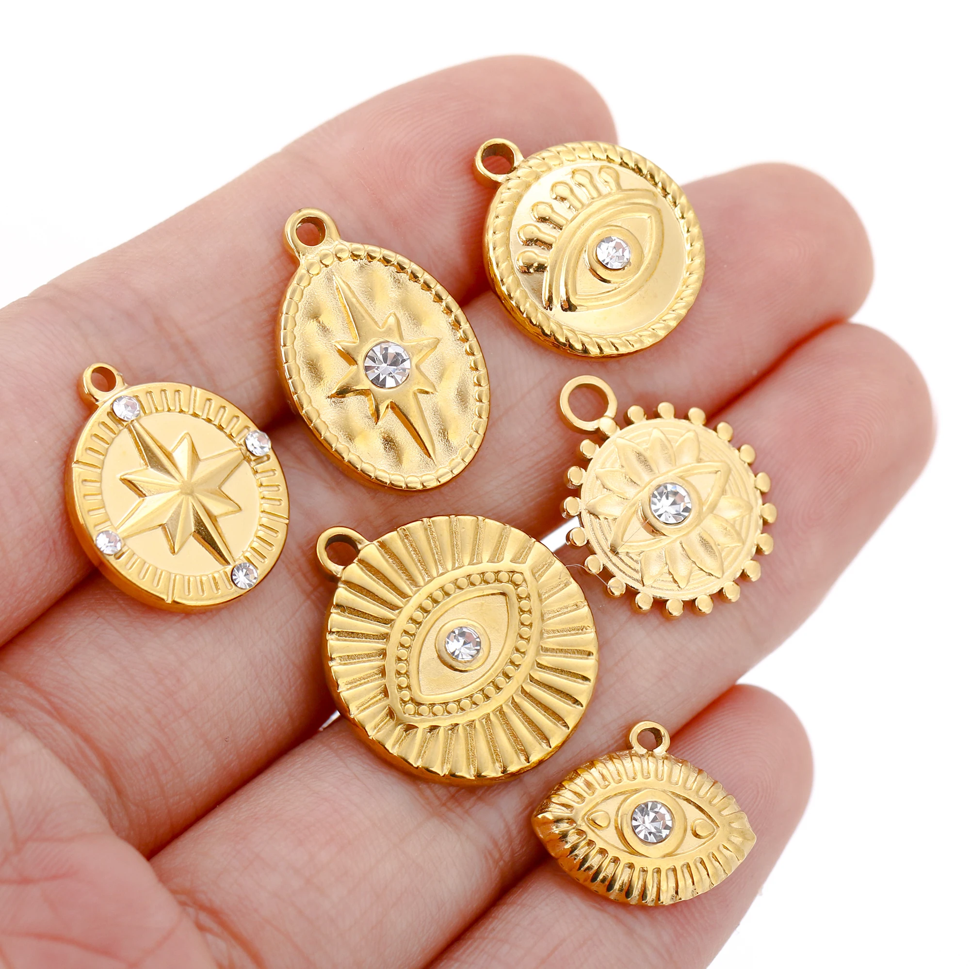 3pcs Stainless Steel Gold Color Plated Rhinestone Evil Blue Eye Charms Necklace Bracelet Earring DIY Jewelry Making Accessories view 4