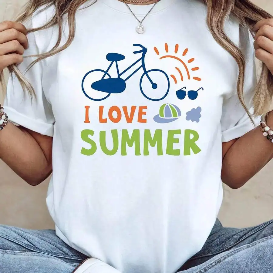 Women's 100% Cotton Graphic T‑Shirt, Short Sleeve I Love Summer Bicycle Sun Print Lively Fresh Aesthetic Versatile Summer Trip Cycling Outing Daily Streetwear Tops Multi‑Colors