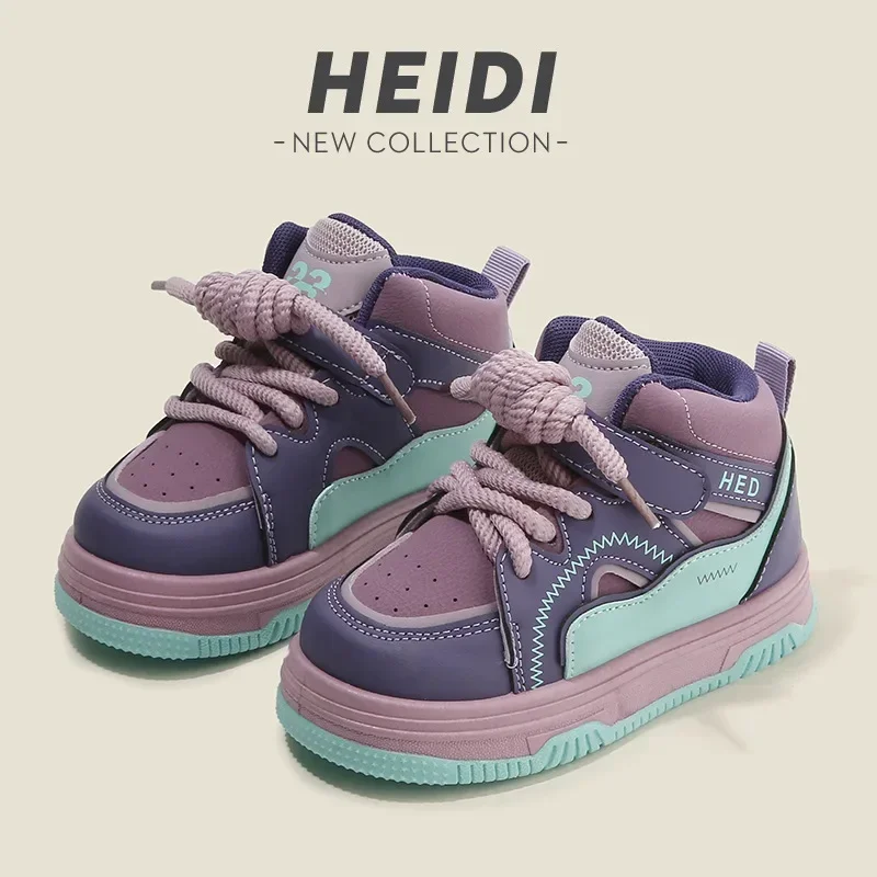 

Spring Autumn Boys Casual Thick Soft Soled Board Shoes Children High Top Color Blocked Sneakers Girls Bread Shoes Front Lacing