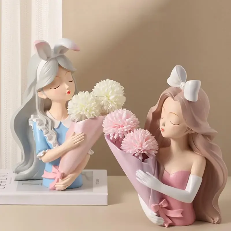 

Modern Decorative Artificial Flower Vase Girl Sculptures Interior Home Resin Ornaments Household Desktop Vase