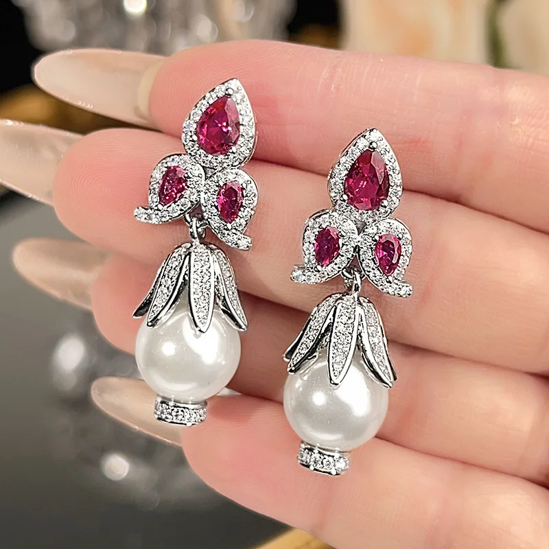 S925 Silver Needle Earrings Pearl Jewelry Fashionable Elegant Red Corundum High-end Sense Women's Versatile Earrings