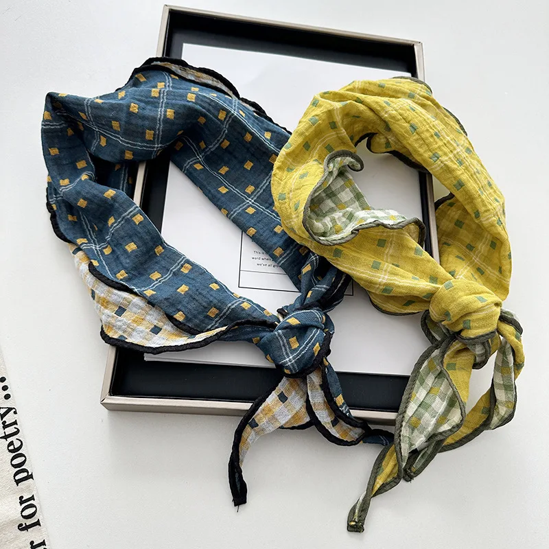 

All-cotton double-sided checkered diamond scarf for women, artistic and gentle girl's headscarf,