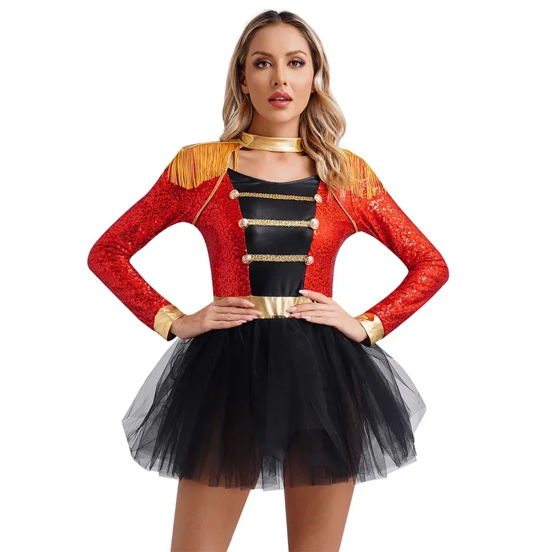 

Womens Circus Costume Ringmaster Director Tutu Dress Uniform with Tassels Halloween Christmas Dance Costume Carnival Theme Party