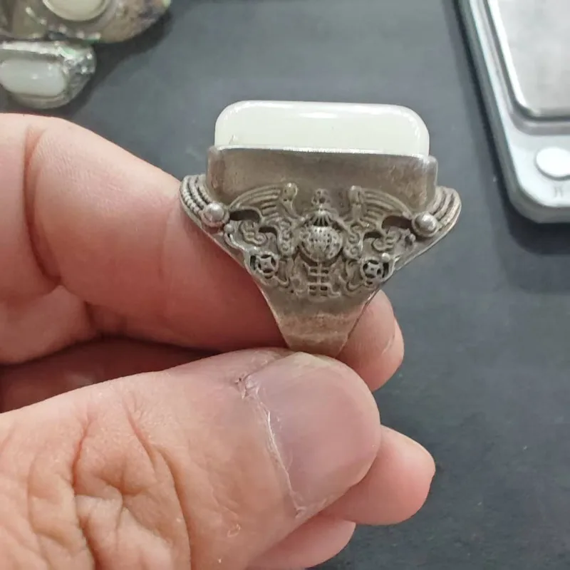 Retro Chinesischer Filigran-Handwerksring, länglich, Jade-Imitation, versilbert, offen, verstellbar, Unisex, Vintage-Fingerornament – Detail 5