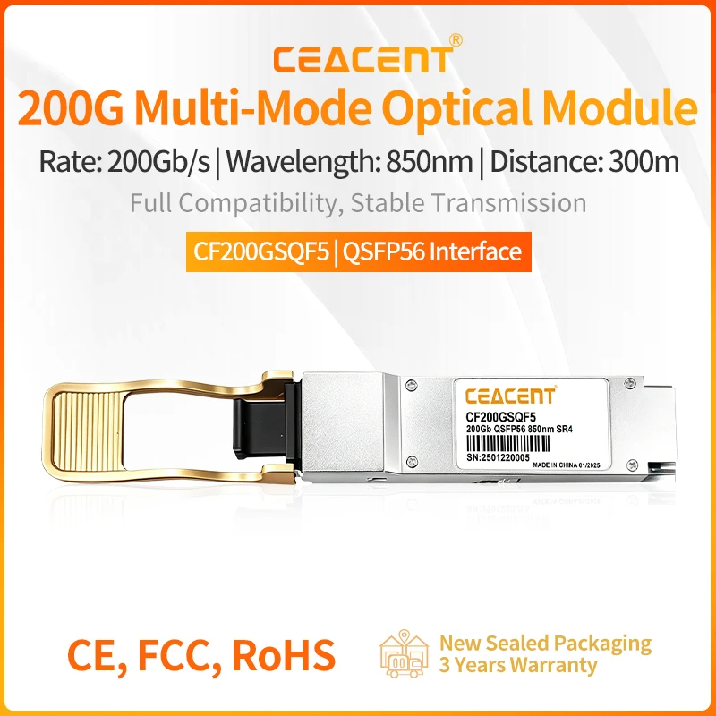 CEACENT CF200GSQF5 200G QSFP56 SR4 Fiber Optic Module 4x53.125Gbps PAM4 CMIS4.0 for Data Center 200GBASE-SR4 EthernetACENT