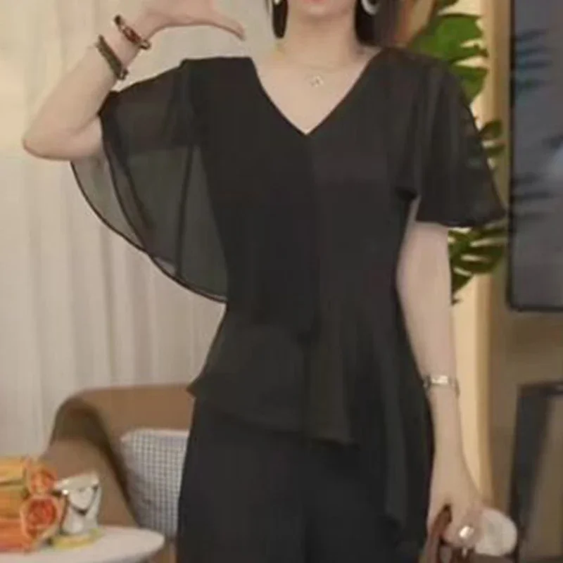 

Women's Clothing 2025 Summer New Casual Pullovers Office Lady Shirt Elegant V-Neck Spliced Solid Color Irregular Chiffon Blouse