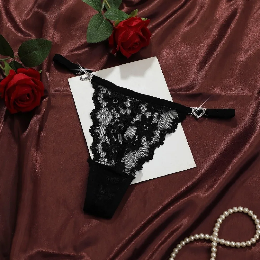 Jacquard Heart Rhinestone Thongs Low Waist Traceless Lace Flower Bikini Briefs Underpants Cotton Crotch T-back Panties Underwear