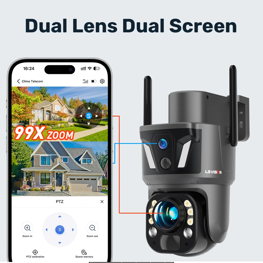LS VISION 99X Optical Zoom Dual Screen 4G Solar Camera Outdoor 8MP WiFi PTZ Dual PIR Detection Auto Tracking Surveillance Camera