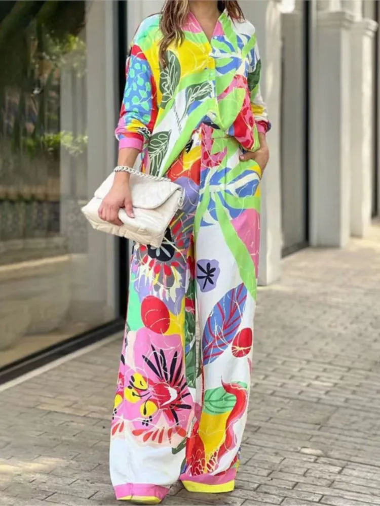 Fashion Color Print Two Piece Sets Women Loose V-neck Long Sleeve Shirts Wide Legs Trousers 2 Piece Set Female Commuting Suits