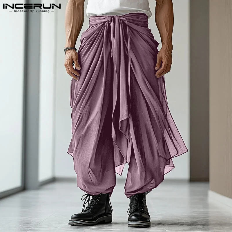 

INCERUN Men Irregular Pants Solid Color Pleated Oversize Joggers Trousers Men Streetwear 2025 Fashion Long Pants Elastic Waist
