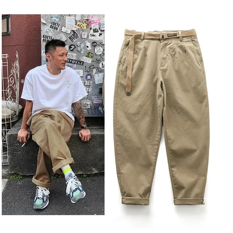 

2025 Retro Washed Pure Cotton Men's Harajuku Sle Nine-Piece Pants Casual Straight Leg Trousers Youth Trendy Loose Fit Long Pants