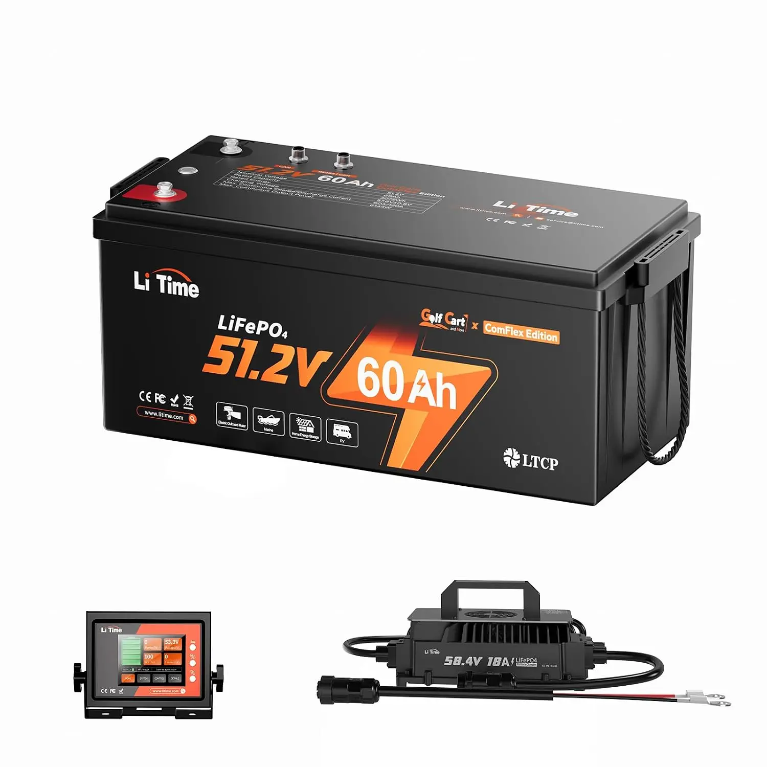 48V 60Ah Lithium Golf Cart Battery, LiFePO4 Battery with 48V 18A Lithium Battery Charger & Real-time monitor, Built-in, Custom