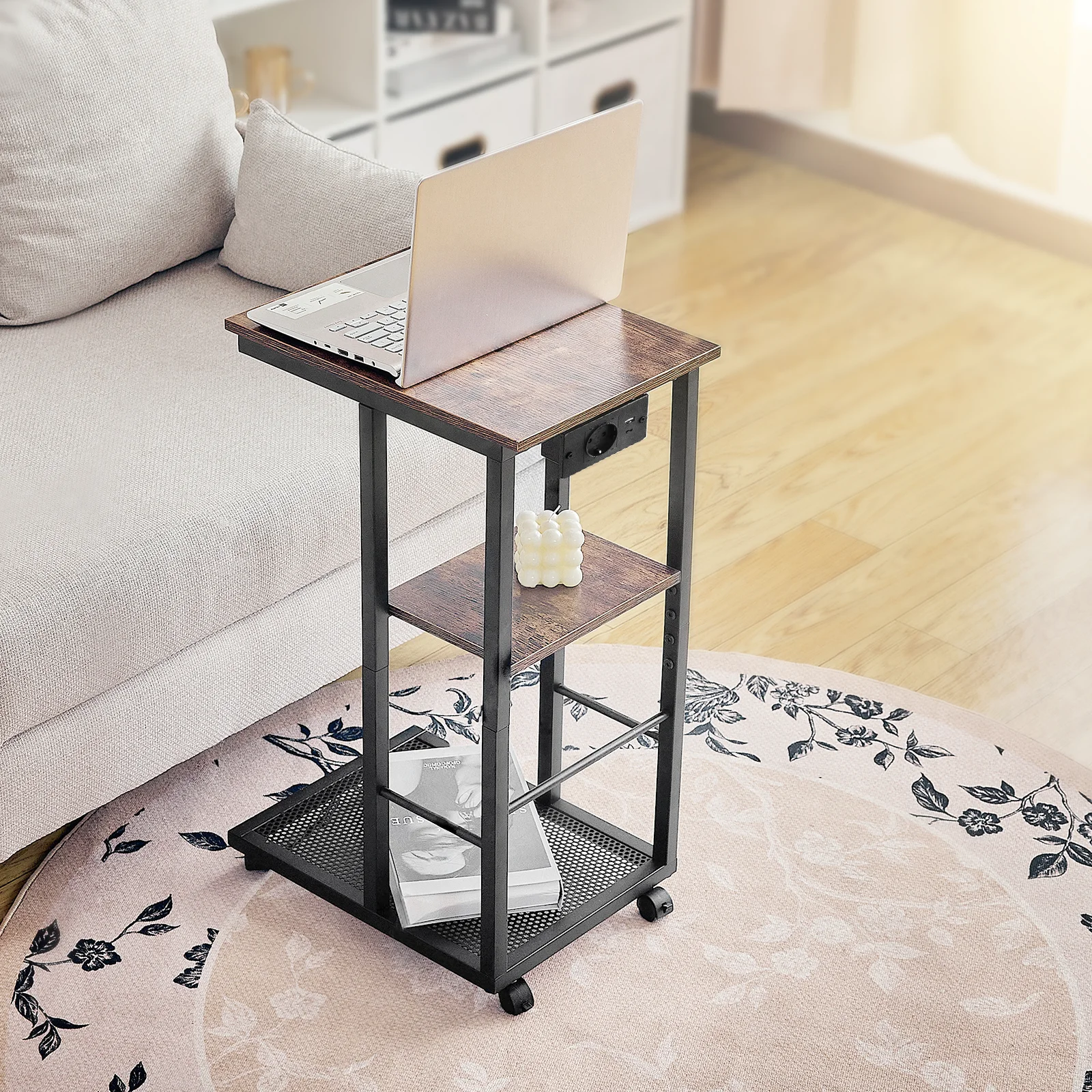 Redlife C Shaped End Table w/ Charging Station Side Table for Couch Sofa Table w/ Storage Shelf & Rolling Wheels for Small Space