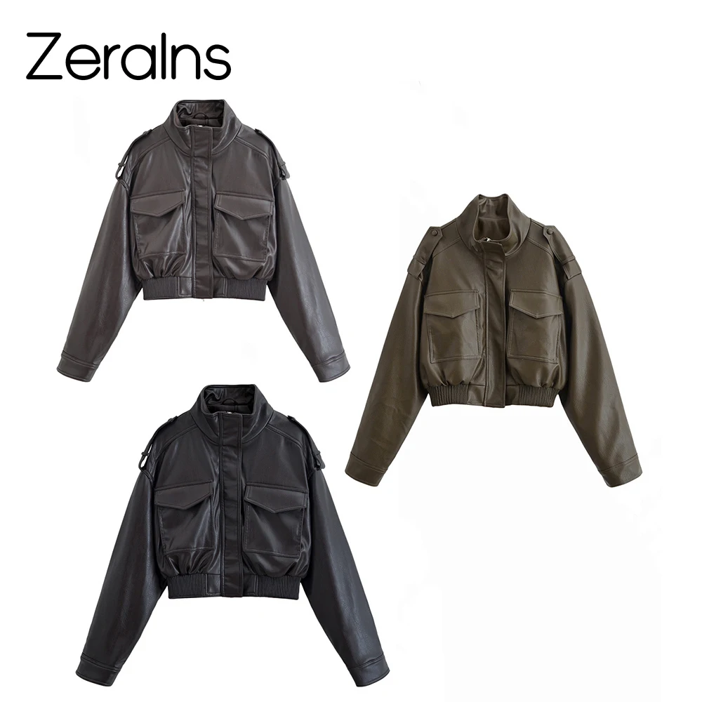 ZERAINS 2025 automne nouveaux vêtements pour femmes style rétro décontracté effet faux cuir col montant à manches longues veste courte