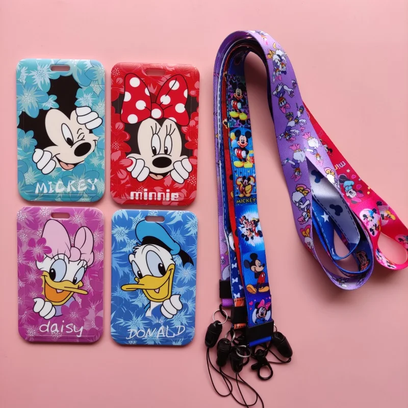 Disney Mickey Minnie Donald Duck Girls Slide Cover Student Card Case Hanging Rope Employee Case Lanyard ID Name Card Holder