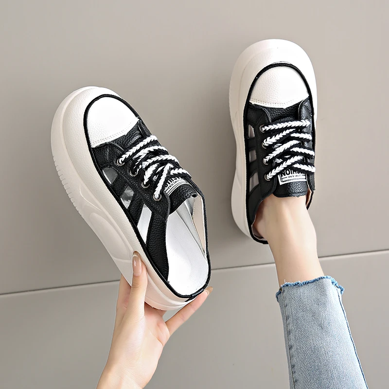 

New Shallow Mouth Soft Leather Women Cute Sports Shoes Round Head Fashion Platform Leisure Sports Low Top Board Shoes