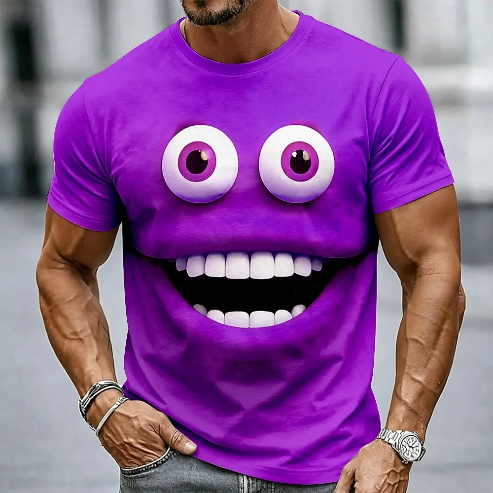 Men's Spring Summer 3D Printed Crew Neck Tee, Bright Green Big Eye Grinning Cartoon Monster Funny Novelty Vacation Top