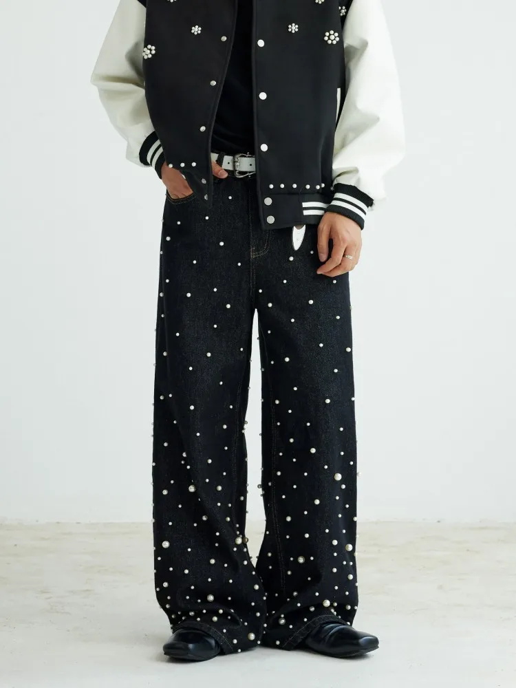 American Style Male Vintage Pearl Black Jeans Straight Mid Waist Pocket Denim Trousers Casual Fashion Mens Loose Fit Long Pant