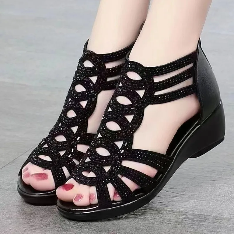 Summer Women's Peep Toe Sandals New Rome Rhinestones Heeled Shoes for Women Outdoor Casual Wedge Sandals Office Ladies Shoes