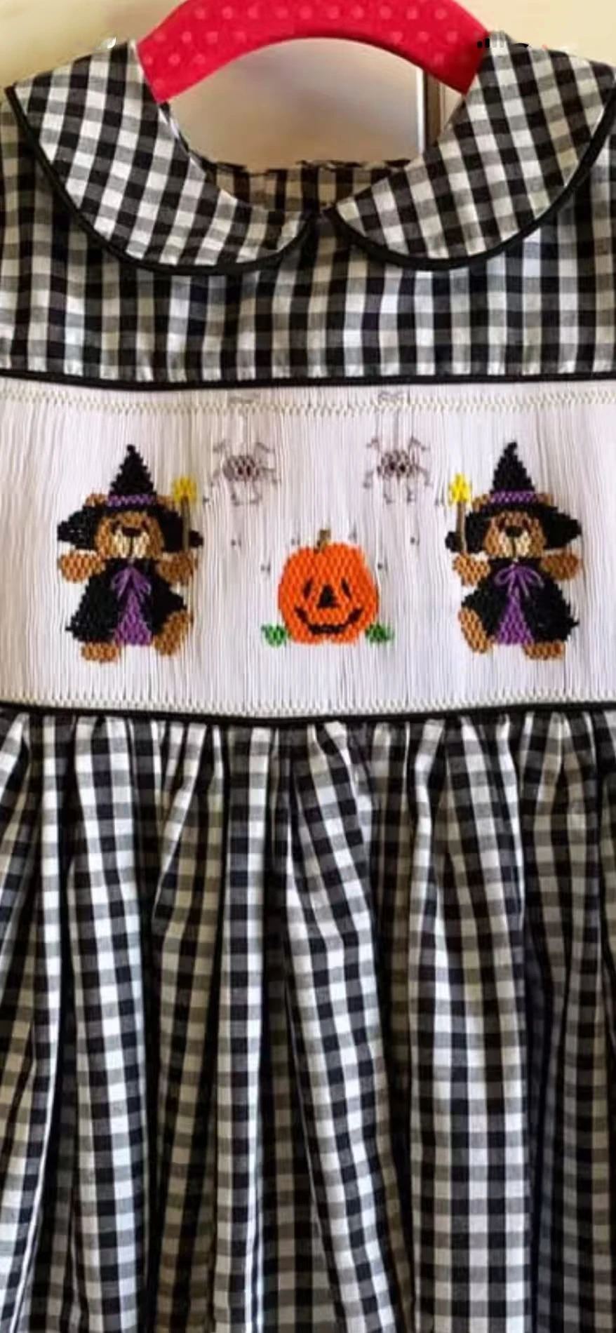 Summer Baby Girl Halloween Pumpkin Bear Handmade Embroidered Black Plaid Dress For Casual Party Birthday Photography