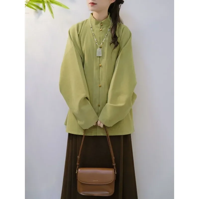 Ancient Chinese Women Costumes Ming Dynasty Style Green Long Sleeved Stand Up Collar Top Brown Horse Faced Skirt Modern Hanfu