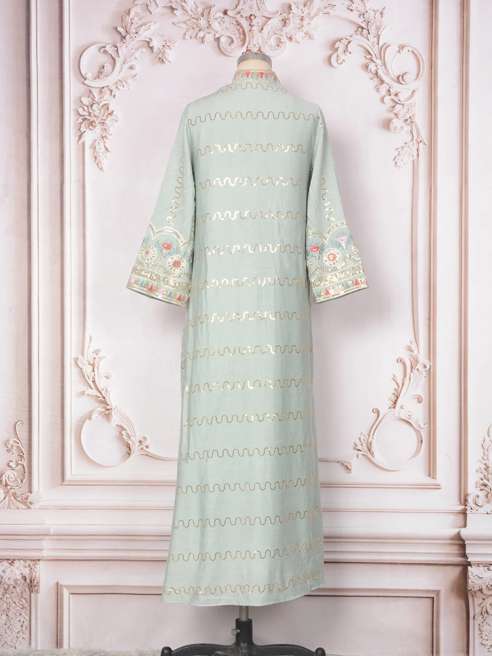 Ramadan Eid Regular-Fit Moroccan Kaftan Dress Women Abaya-Sequins & Thread Embroidery, V Neck. Evening Party Dubai Muslim Dress