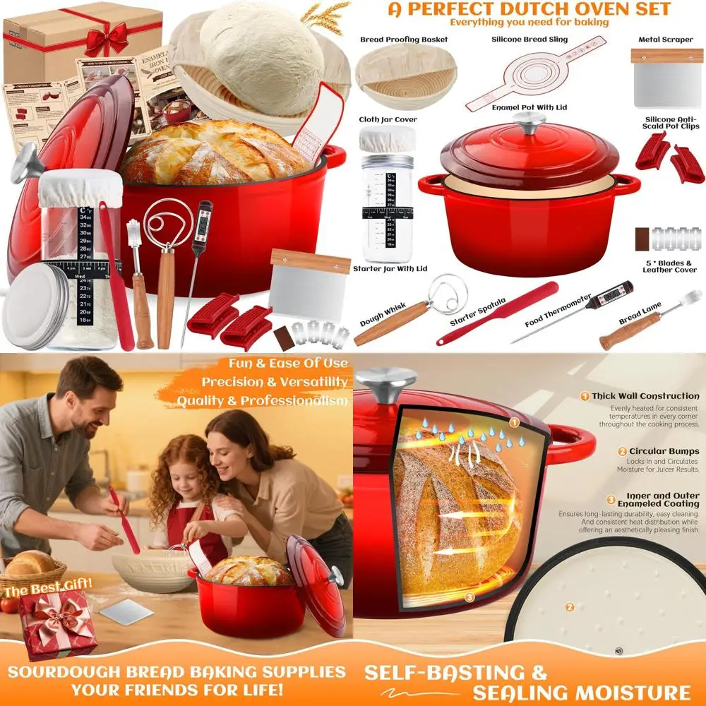 

5-Quart Enamel-Coated Cast Iron Dutch Oven with Lid, Sourdough Starter Jar, Banneton, Lame for Bread Baking, Oven-Safe to 500°F