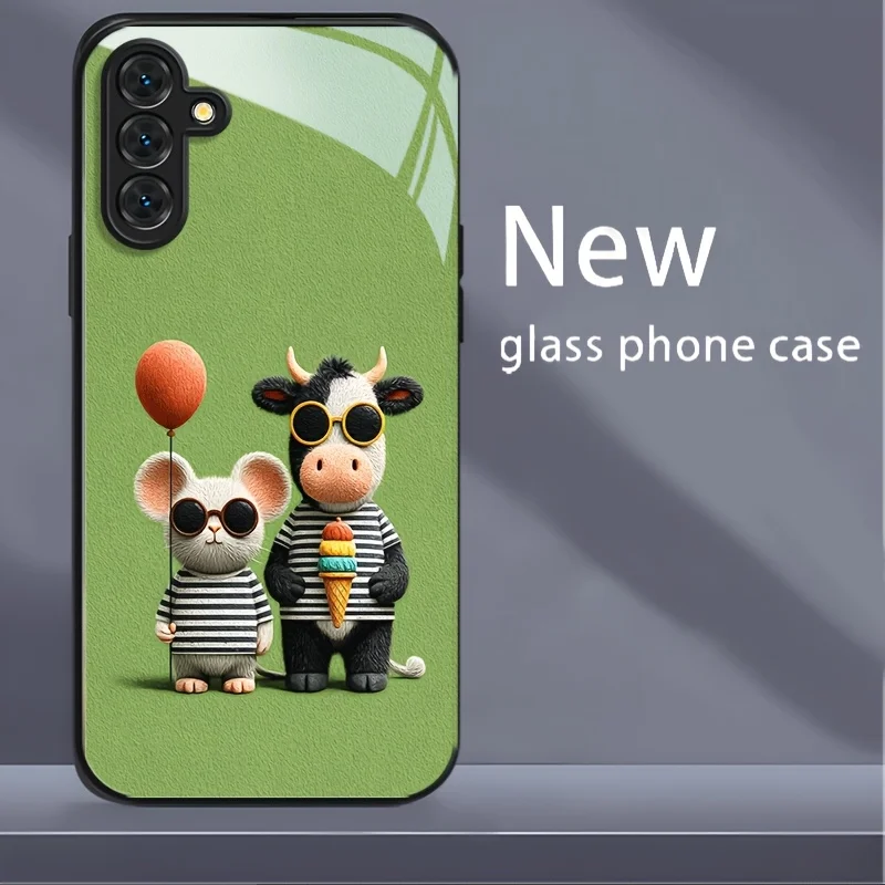 Green cartoon mouse and cow pattern glass phone case for Samsung Galaxy S26 S25 S24 S23 S22 S20 FE/Ultra/Plus anti drop Cover