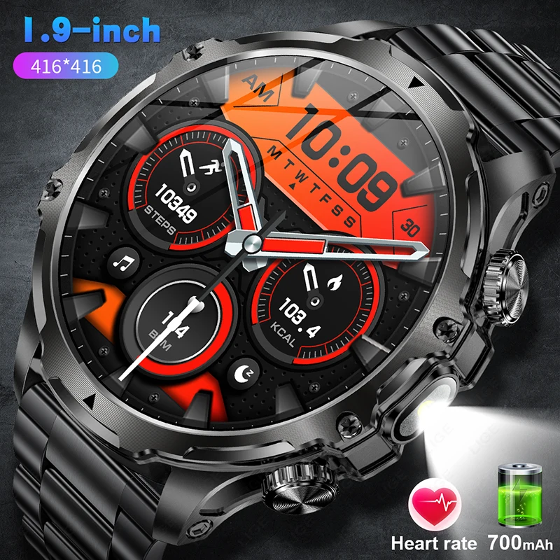 LIGE New GPS LED 700MAH Battery Sports Smartwatch Men 1.90'' HD Screen Heart Rate Blood Oxygen Health Smart Watch LED Flashlight