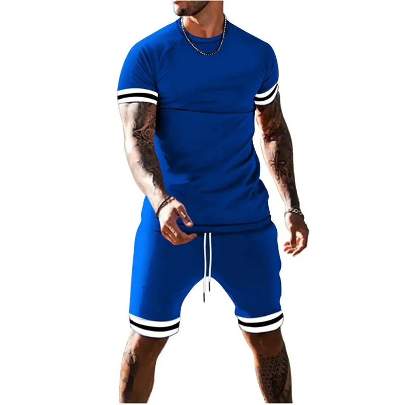 

Summer European and American Men's Round Neck Short Sleeved Sports Suit, Casual Outdoor Fitness Sports Two-piece Color Blocked